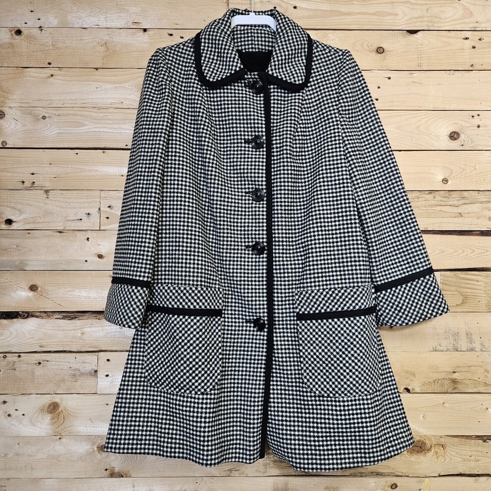 Vintage Style Houndstooth Car Coat Black White Mod Peter Pan Collar Jacket